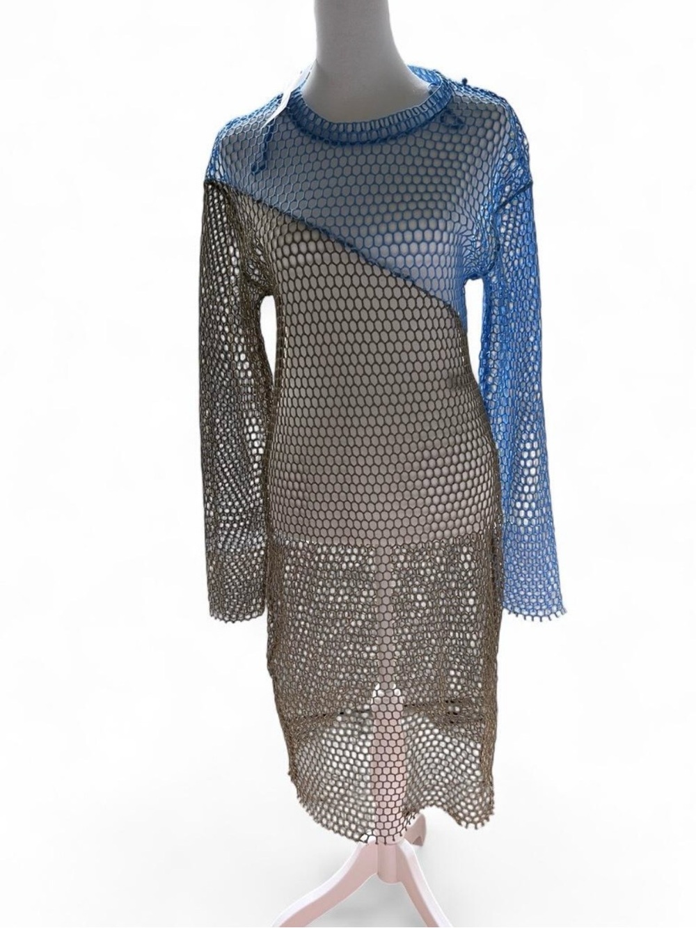Zara Blue and Brown Mesh Long-Sleeve Swim Cover-Up